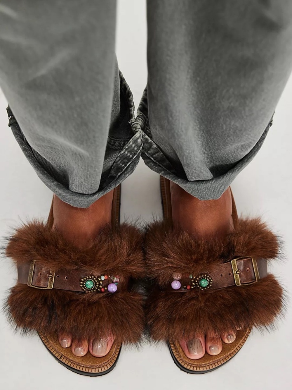 New Free People Brown Beaded Frankie Faux Fur Slide Sandals Shoes sz 7